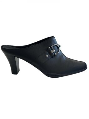 Aerosoles Women’s Black Leather Mule Heels Square Toe Buckle Slip-On